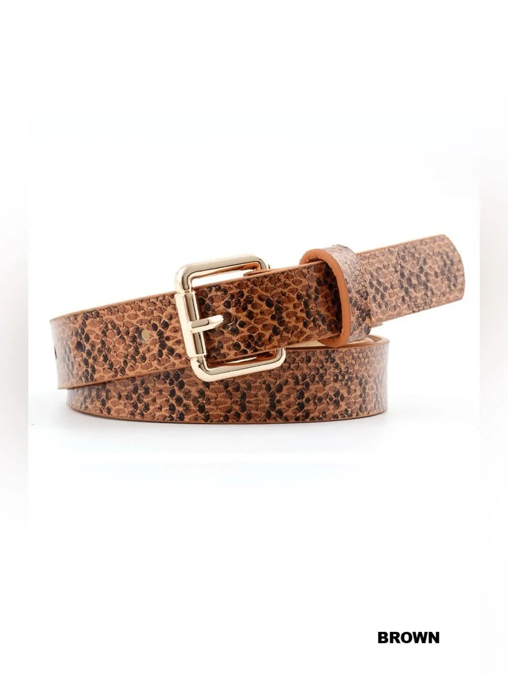 Zenana Outfitters Brown Snake-Embossed Skinny Belt with Gold Buckle